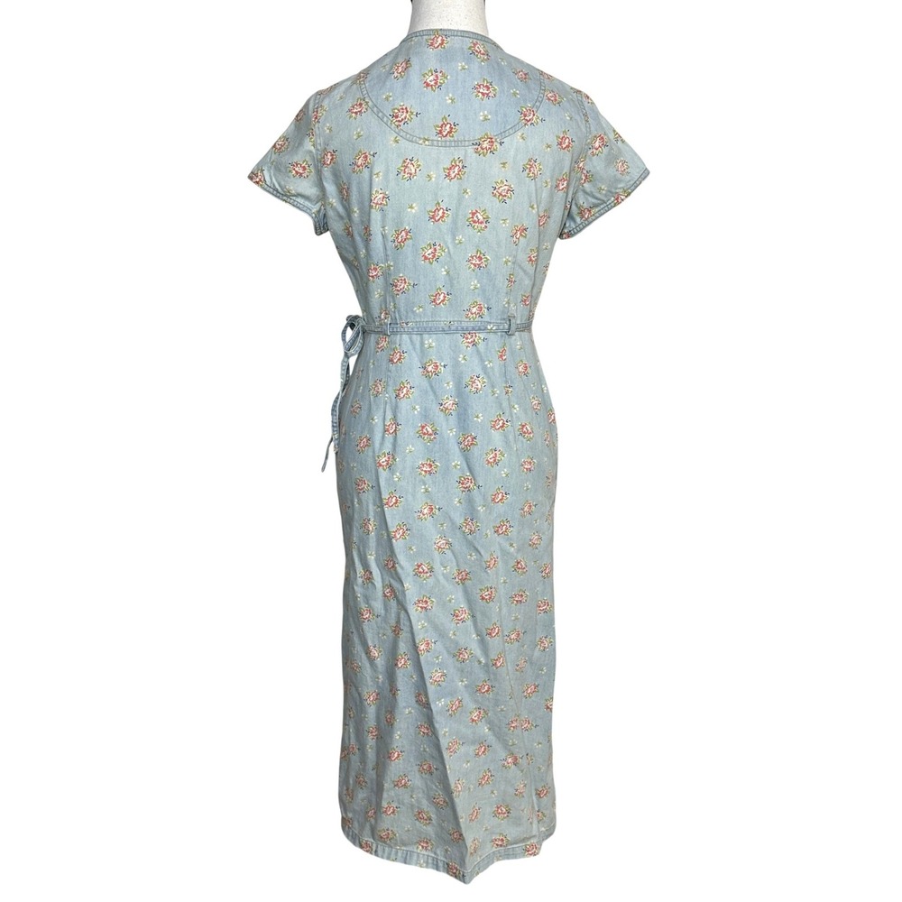 VTG Floral Denim Wrap Midi Dress SP 90s‎ Cottagecore Prairie Boho Ditsy Country - Picture 2 of 10